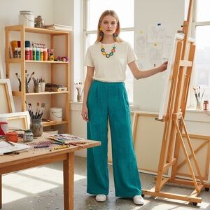 Vintage Pierre Lamonte Teal Rayon‎ Wide Leg Pants Size M 29 Waist